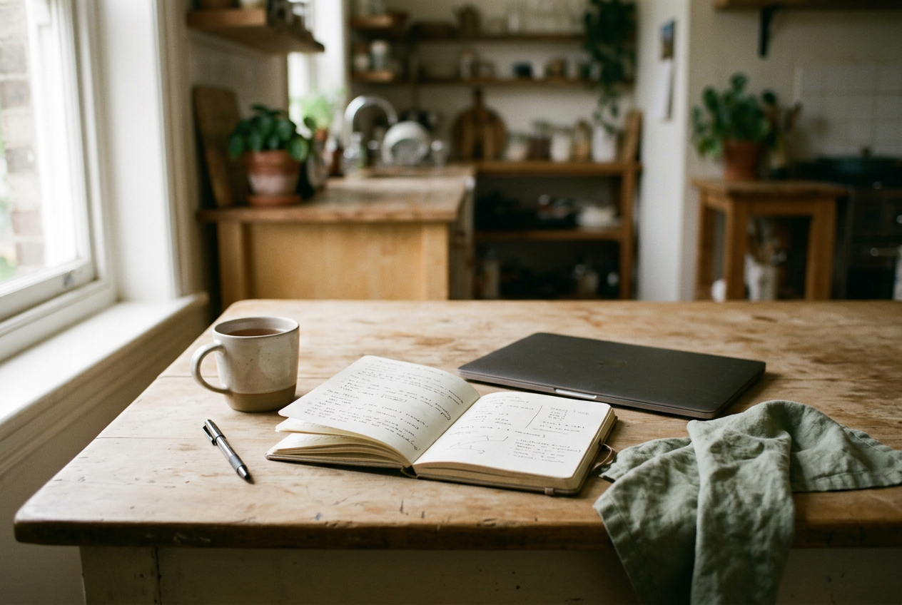 An open notebook with months and PSA results written beside a laptop on a kitchen table.
