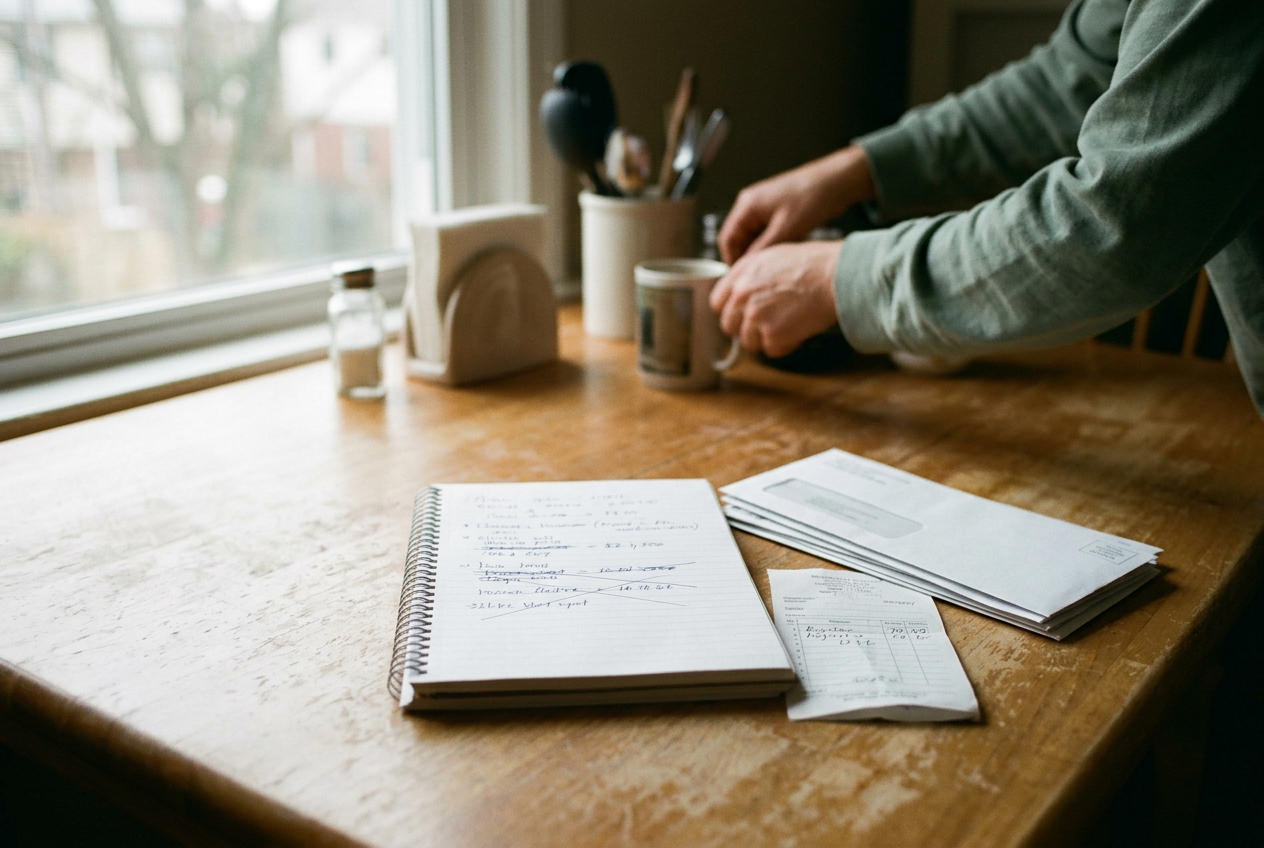 An open notebook beside an electric bill, a pen, and a folded payment receipt on a kitchen table.