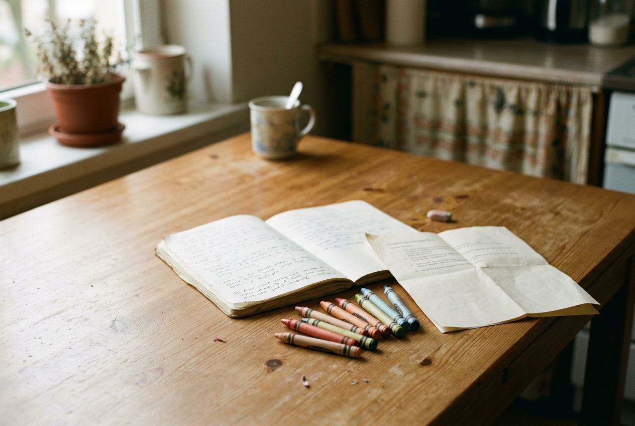 A notebook open to dated ear appointment notes beside a preschool drawing and crayons.