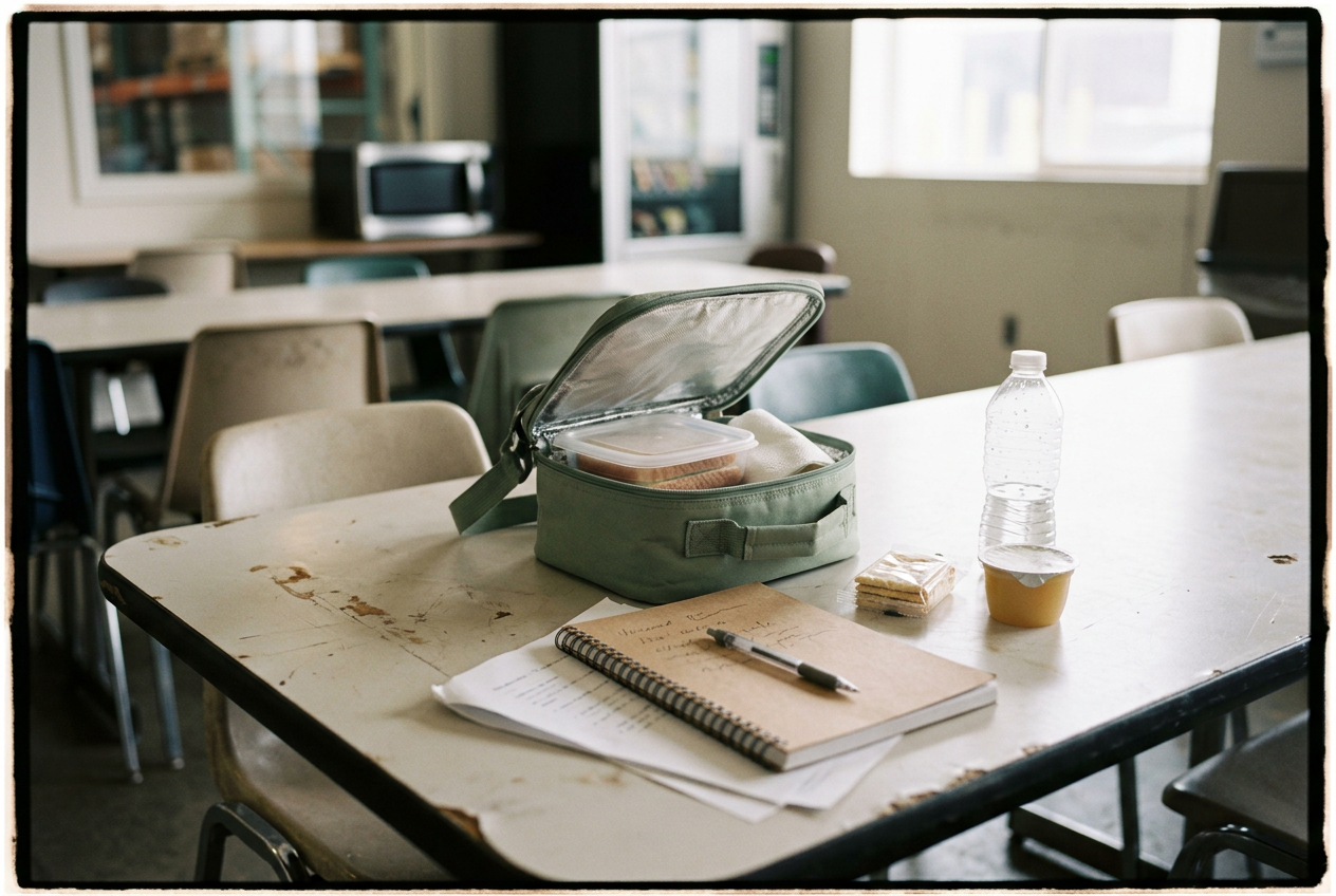 An open lunch bag beside a notebook, crackers, applesauce and a water bottle on a warehouse break-room table.