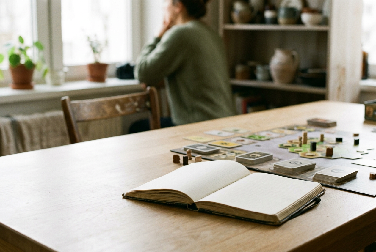 An open notebook beside a board game on a dining table prepared for a child’s evening at home.