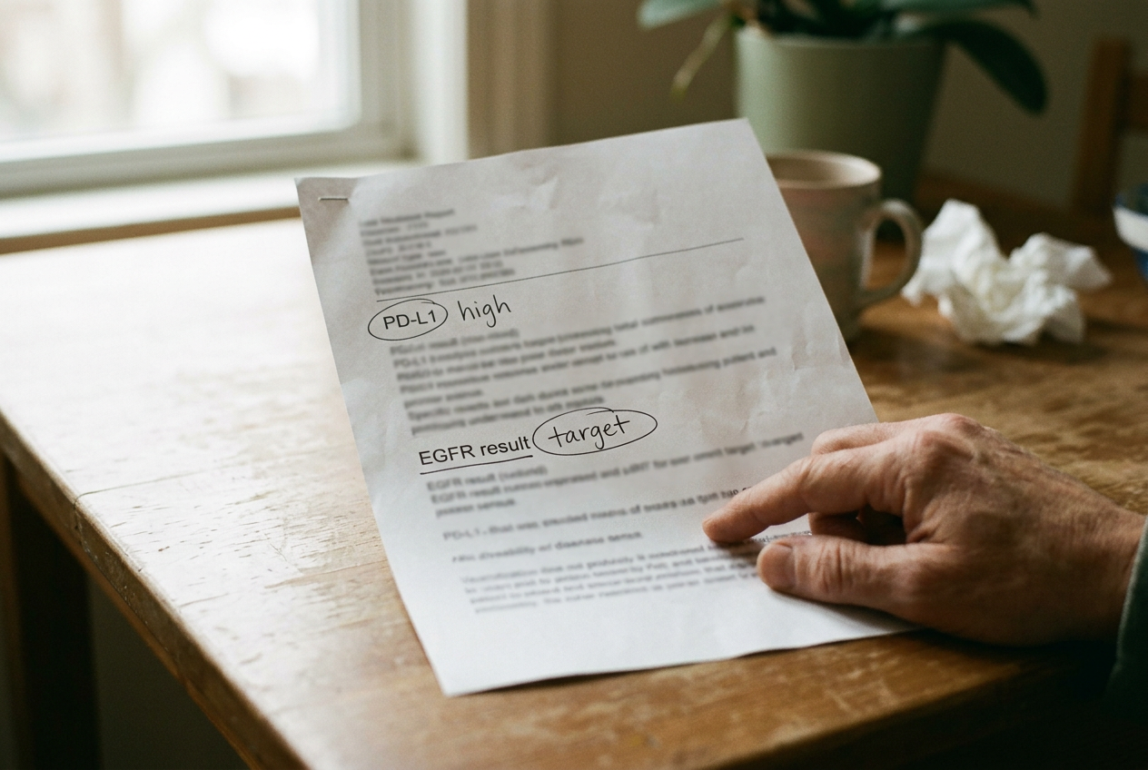 A portal printout showing PD-L1 and EGFR results beside handwritten notes on a family table.
