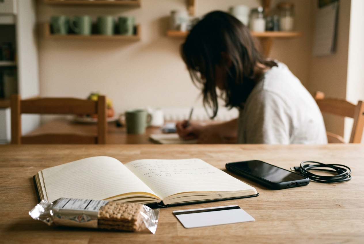 An open notebook beside a phone, insurance card, charger, and package of crackers on a kitchen table.