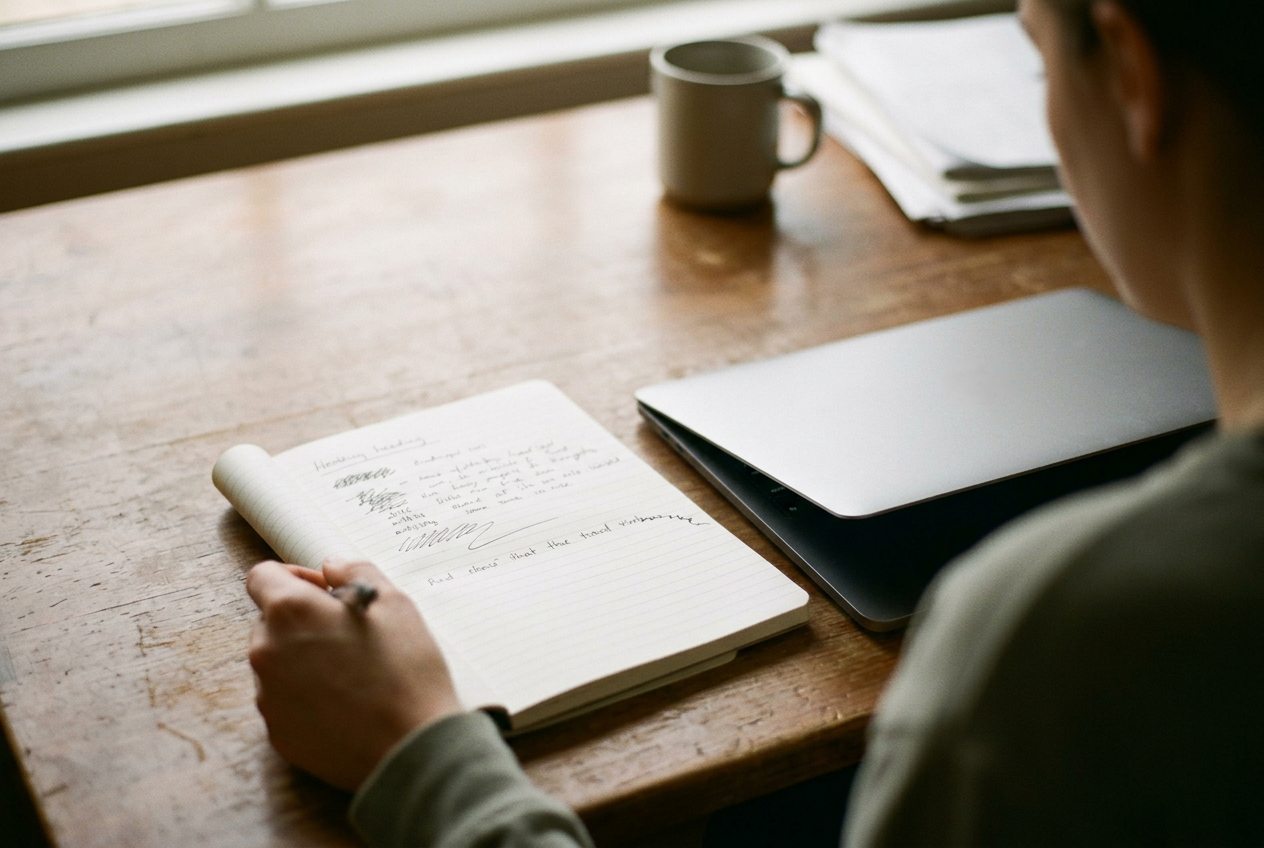 An open work notebook beside a laptop, with meeting notes and an unfinished sentence on the page.