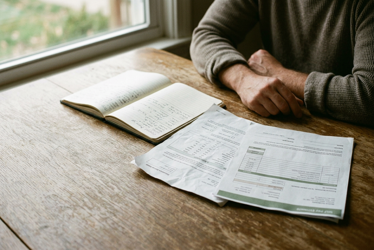 A notebook open beside an insurance denial letter and a folder of prostate cancer lab results.