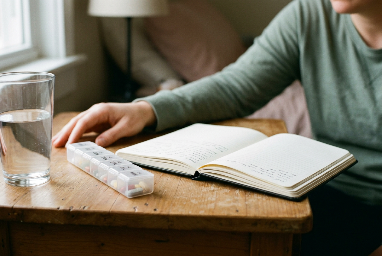 A small black notebook and a daily medication organizer resting on a wooden nightstand in quiet evening light.