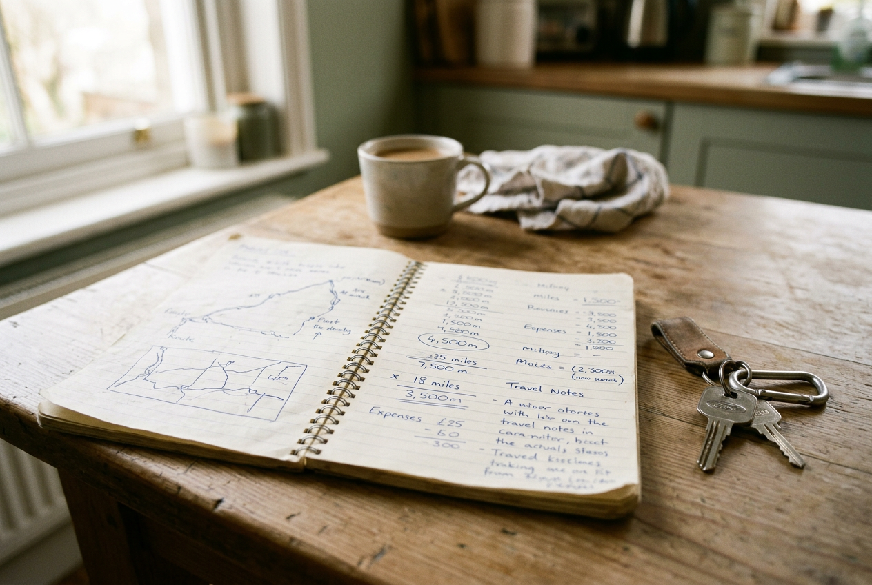 An open notebook with mileage and lodging costs beside truck keys on a ranch kitchen table.