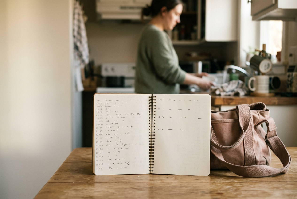 An open symptom notebook beside a work bag, with handwritten dates and spaces between recent entries.
