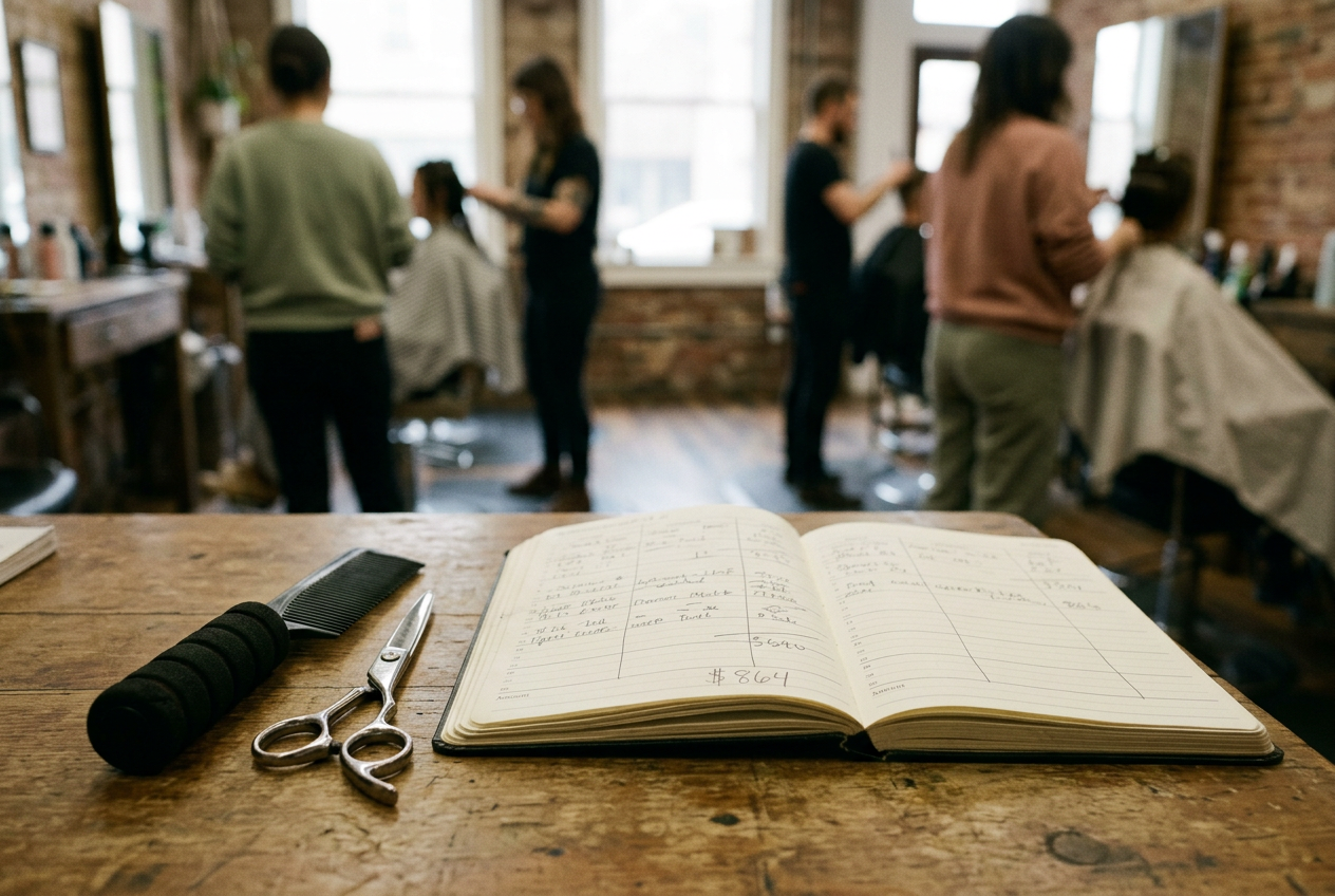 A foam-handled comb and haircutting shears beside an open paper appointment book on a salon counter.