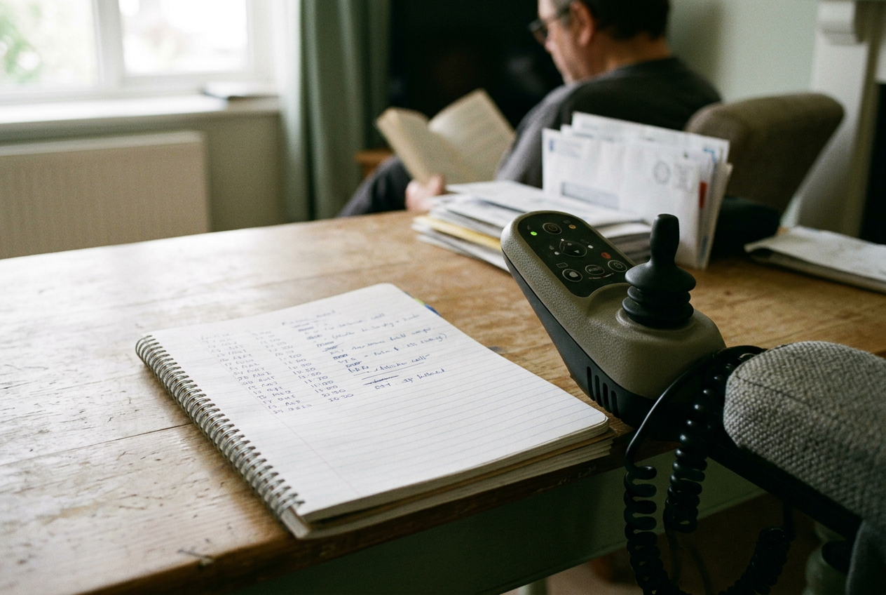 A notebook with dated call entries resting beside the control panel of a power wheelchair.