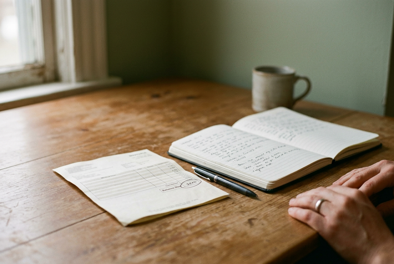 A handwritten log of phone calls and dollar amounts written in a black notebook on a table.