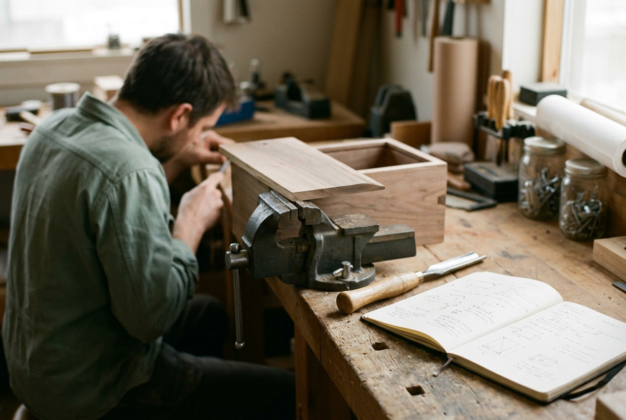 A woodworking bench with a gouge, a clamped box lid, and an open project notebook.