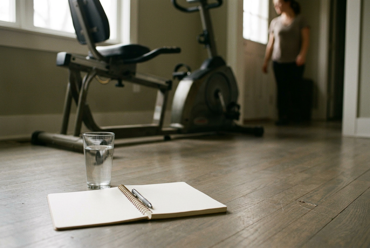 An open exercise notebook on the floor beside the pedal of a recumbent bike.