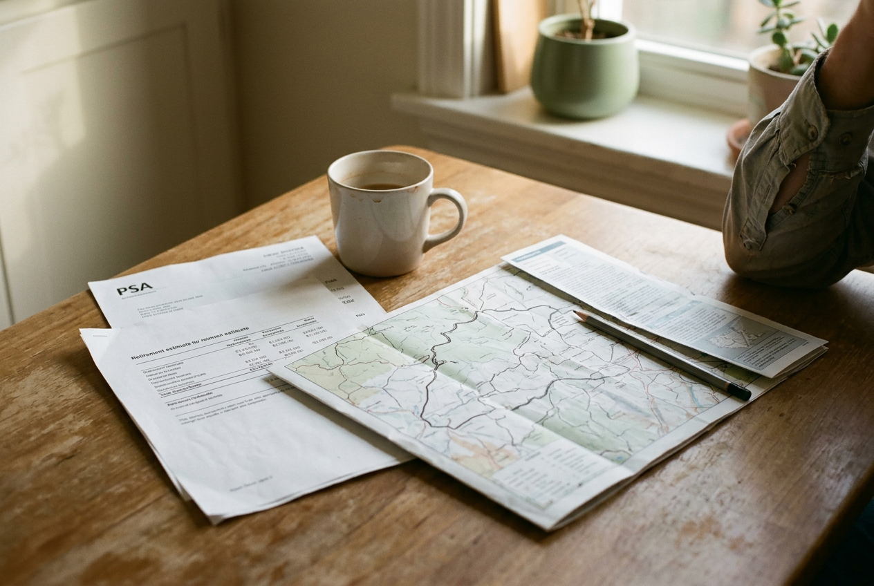 A printed PSA result beside retirement estimates and a paper road map on a kitchen table.