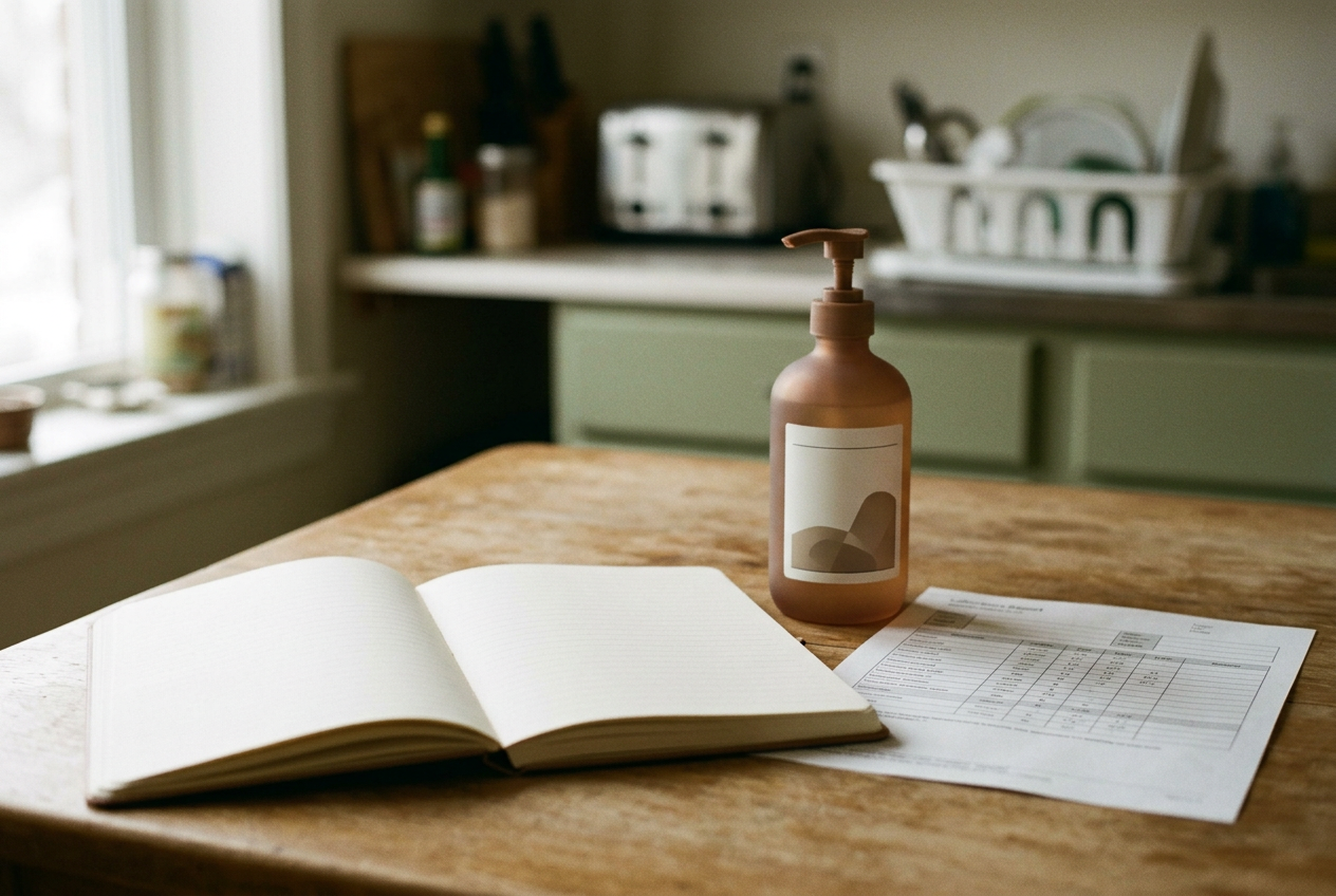 An open notebook beside fragrance-free soap and a printed laboratory result on a kitchen table.