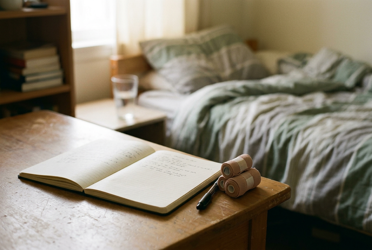 An open notebook beside a pen and bandages on a student’s desk, with a long-sleeve shirt nearby.