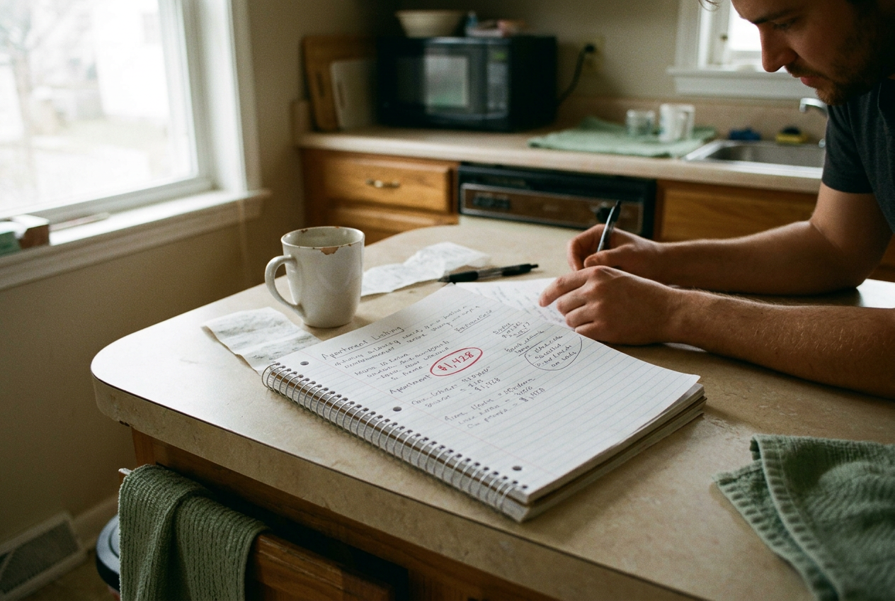 An open notebook showing a circled rent figure beside an apartment listing on a kitchen counter.