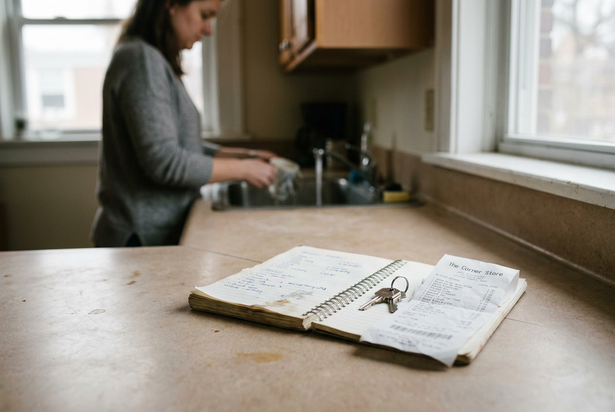 A notebook open beside two keys and a grocery receipt on a kitchen counter.