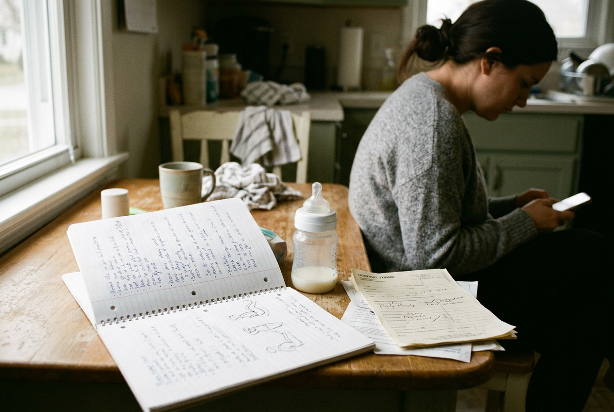 An open notebook with a handwritten birth plan resting beside a baby bottle on a kitchen table.