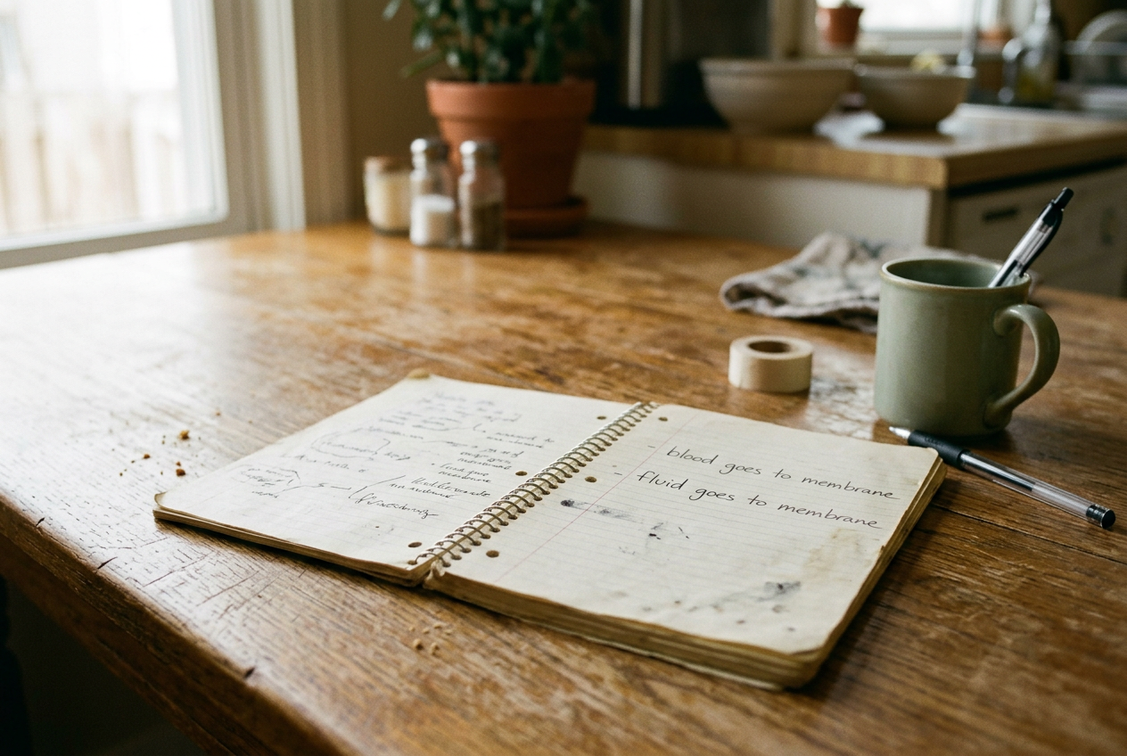 An open notebook showing simple notes about blood, dialysis fluid, and a membrane on a kitchen table.