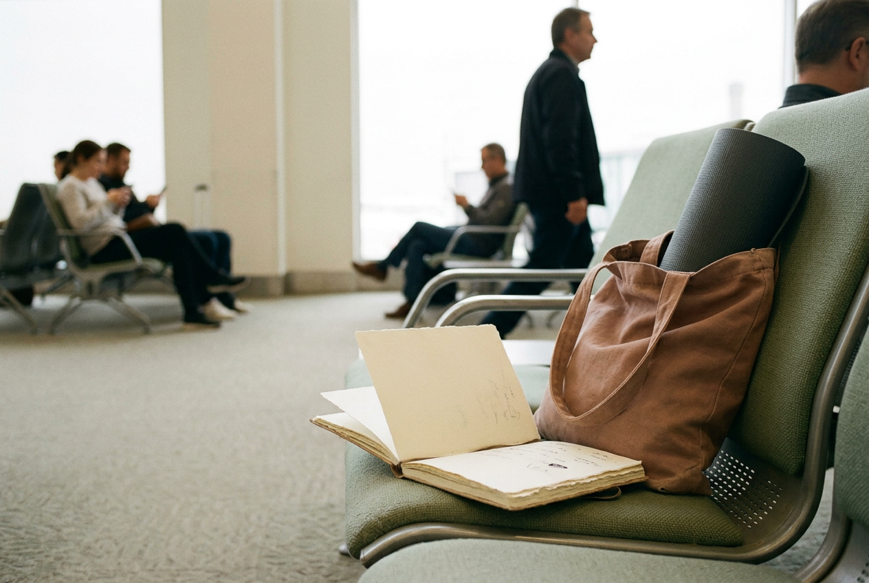 An open notebook and small comfort bag resting on an airport chair near a departure gate.