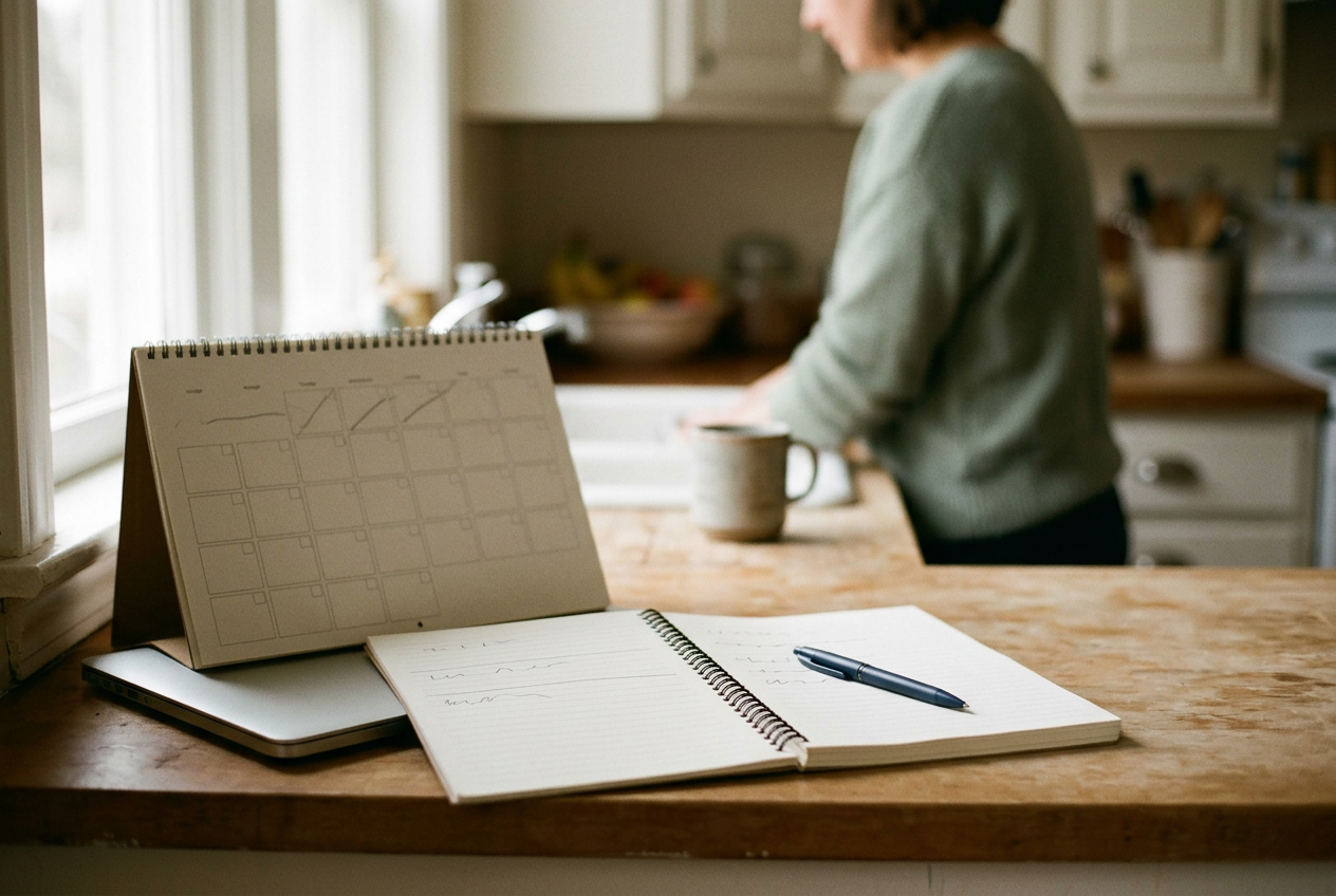 A notebook beside a family calendar and laptop on a kitchen counter.