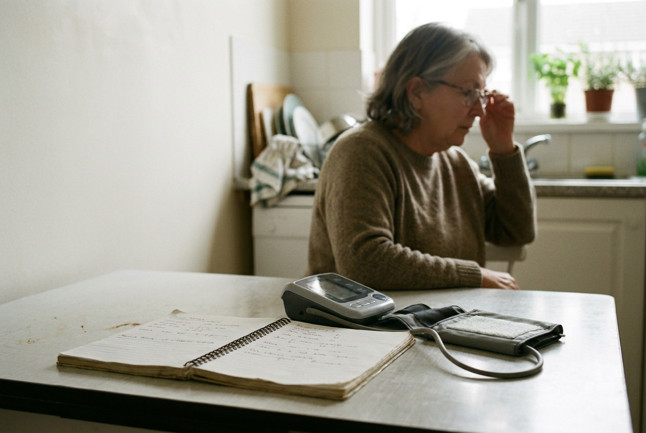An open notebook beside a home blood pressure cuff and a closed laptop on a kitchen table.