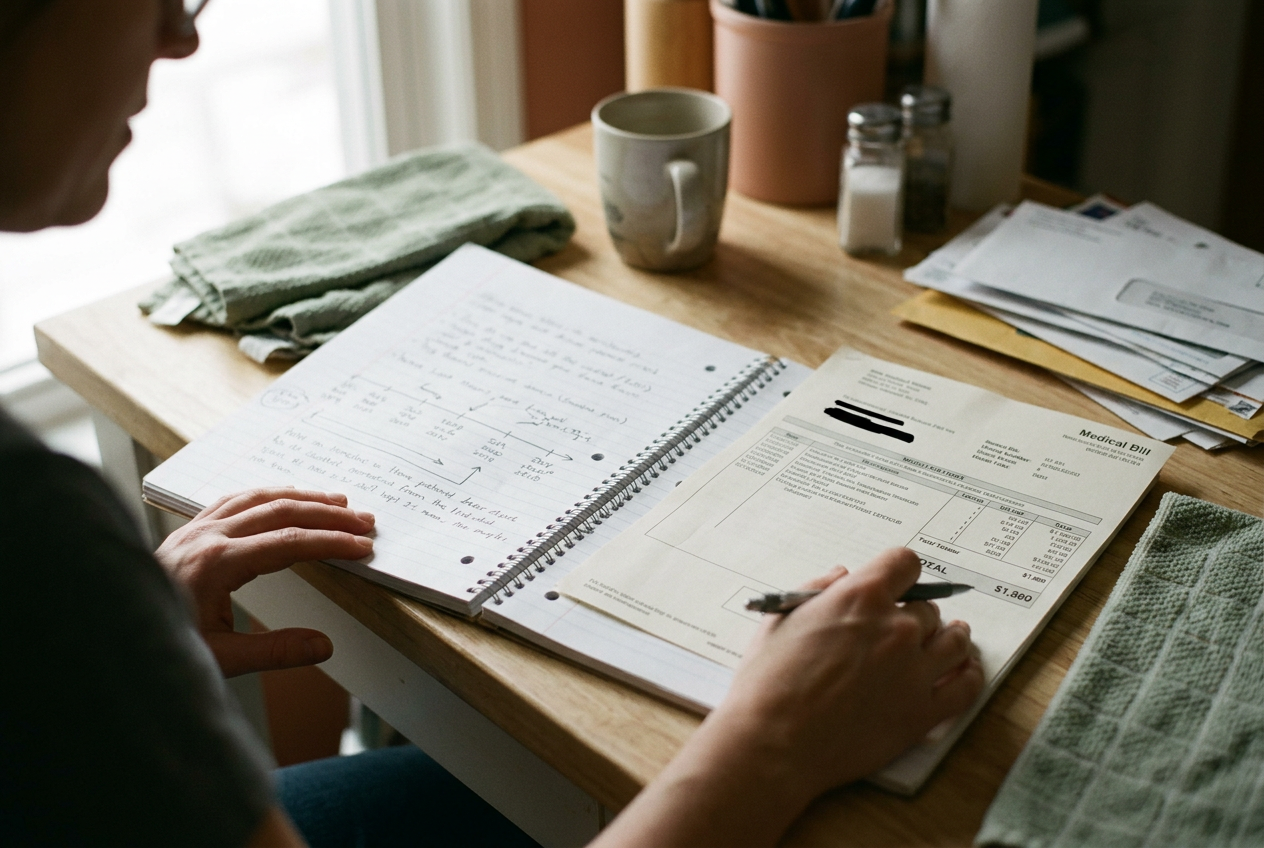 A notebook open to a handwritten injury timeline beside a hospital bill and a plain shoulder brace.