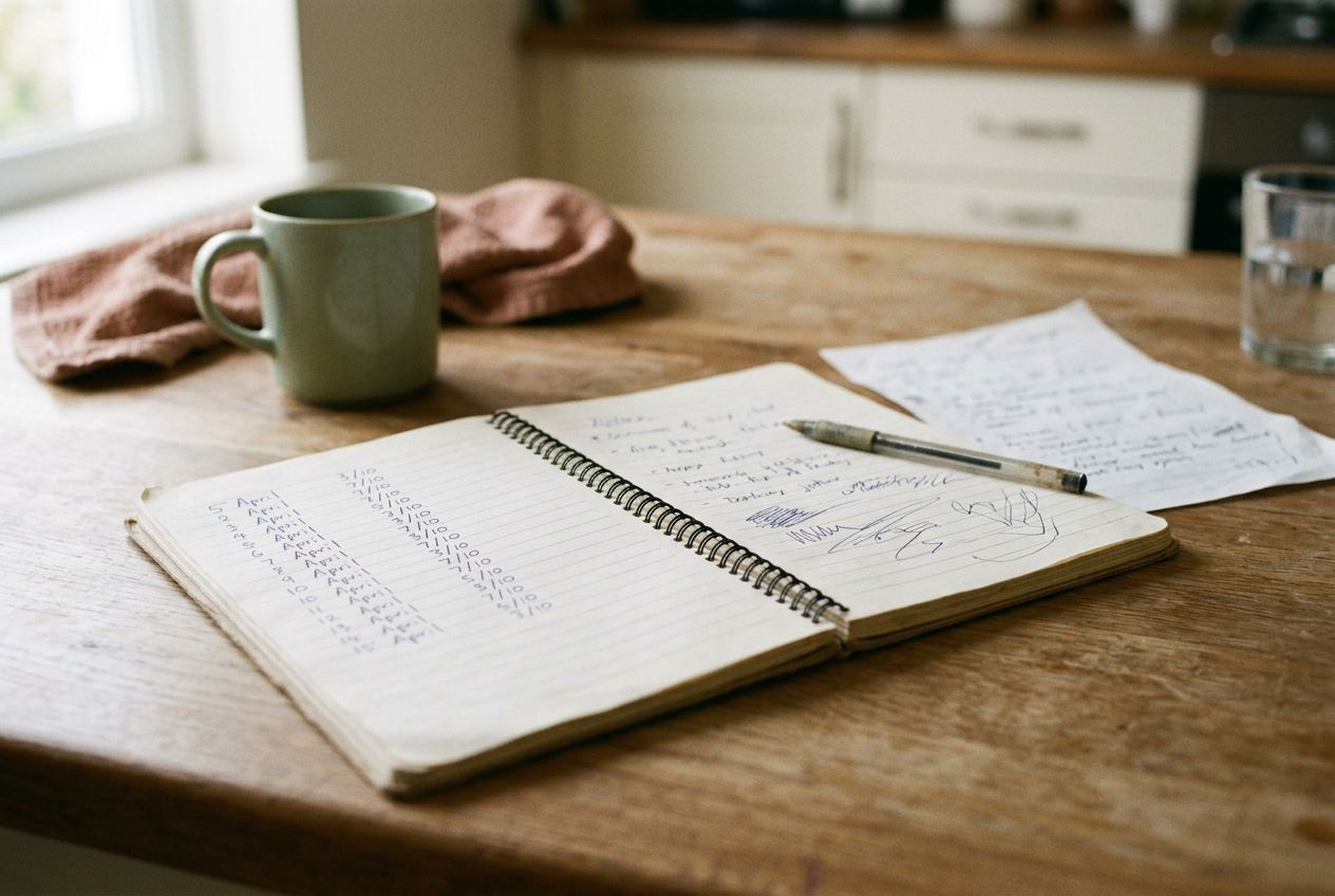An open notebook with dated pain entries and a pen on a kitchen table.