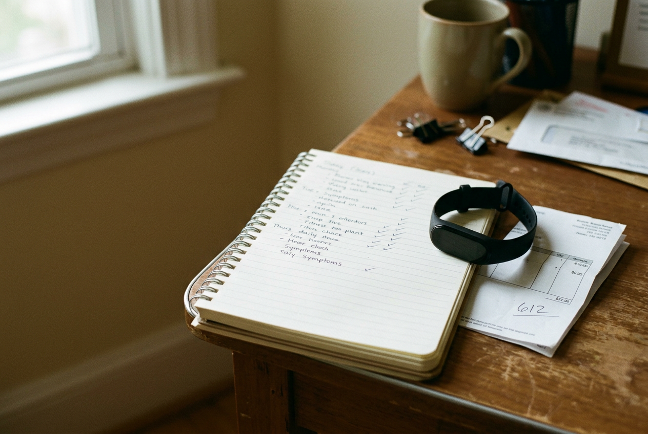 An open notebook beside a fitness watch and a folded medical bill on a desk.
