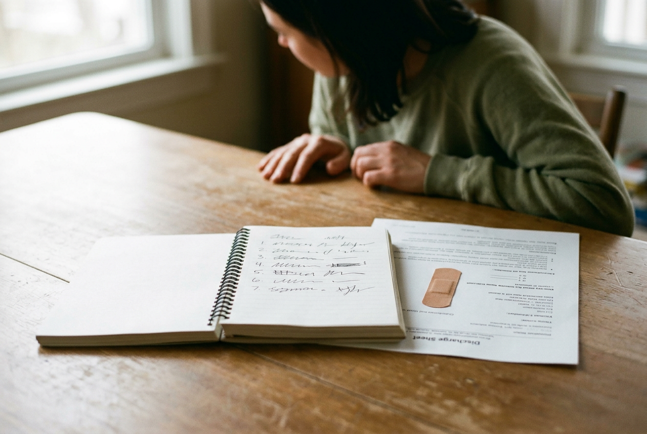 A notebook and discharge sheet resting beside a small adhesive bandage on a table.