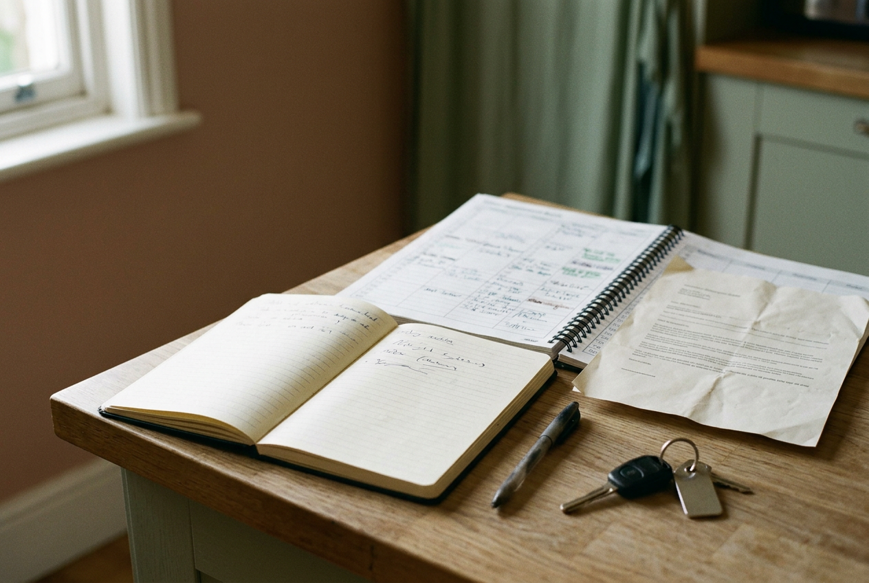 An open notebook beside a salon appointment book, insurance letter, pen, and car keys.
