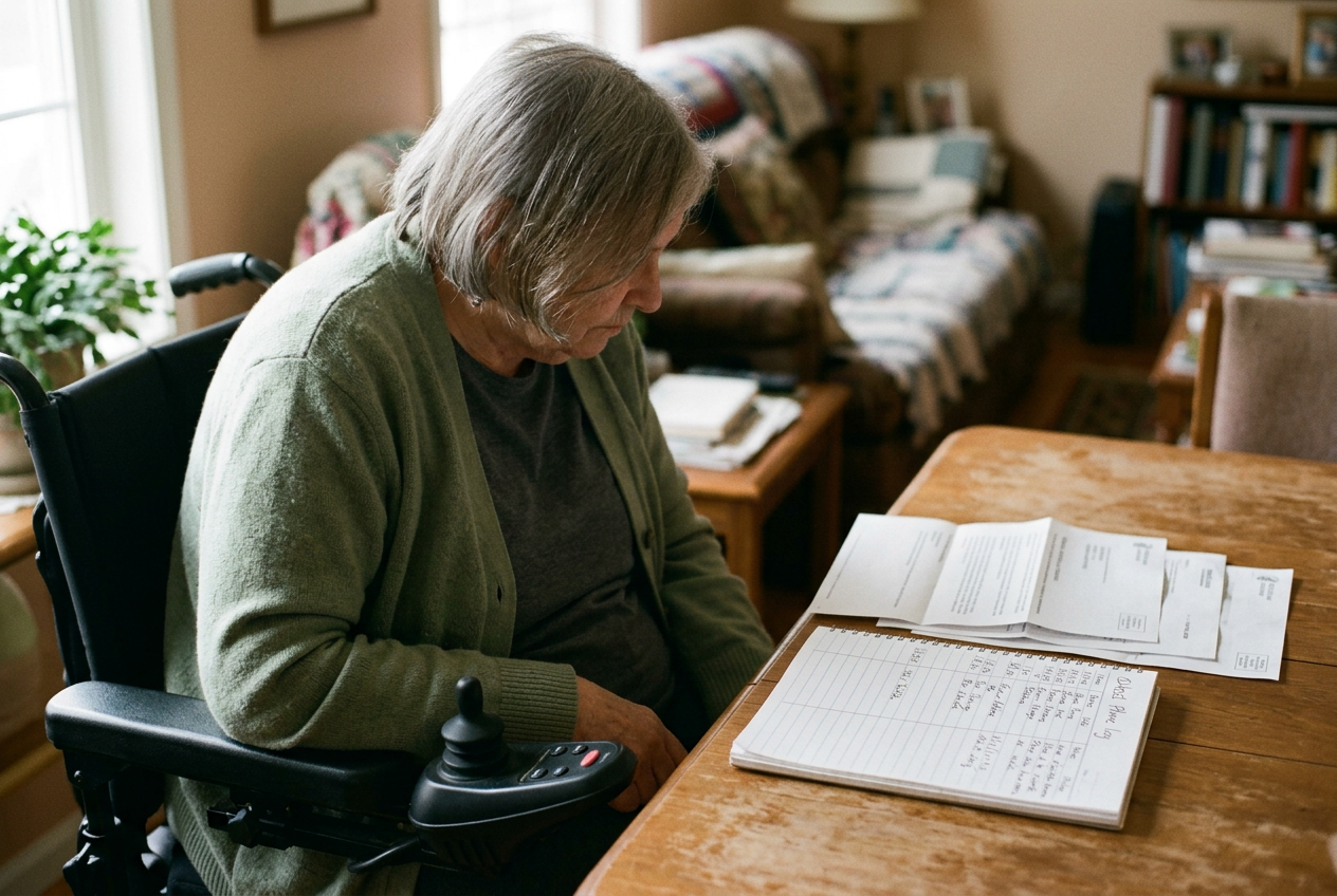 A notebook and Medicare letters beside the controls of a custom power wheelchair.