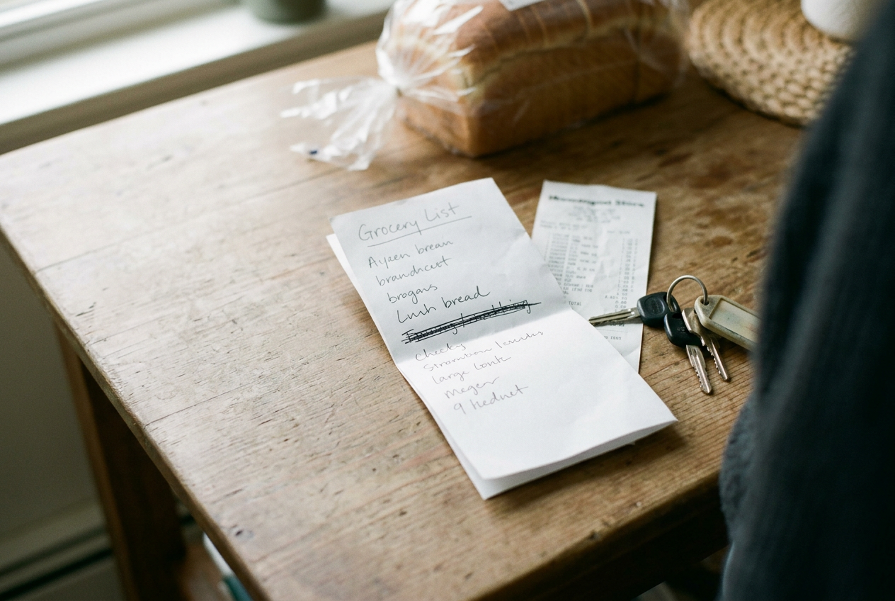 A folded grocery list beside a receipt, car keys and a carton of milk on a kitchen table.