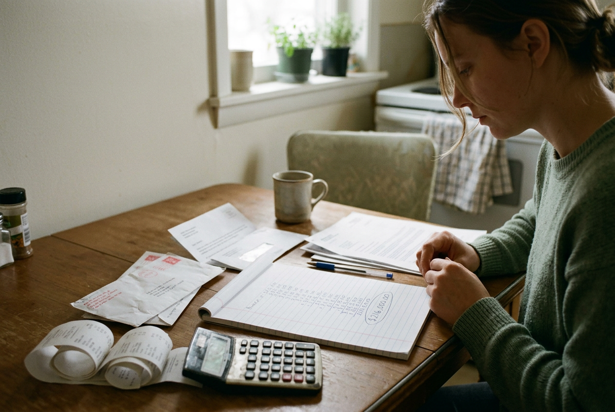 An open notebook beside insurance letters, a calculator and receipts on a kitchen table.