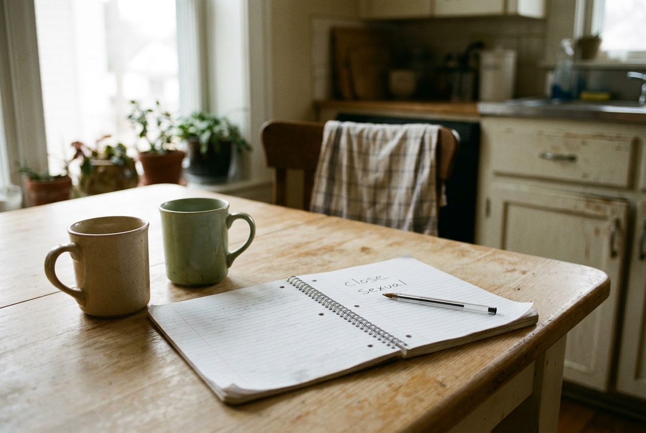 An open notebook beside two coffee mugs on a kitchen table.