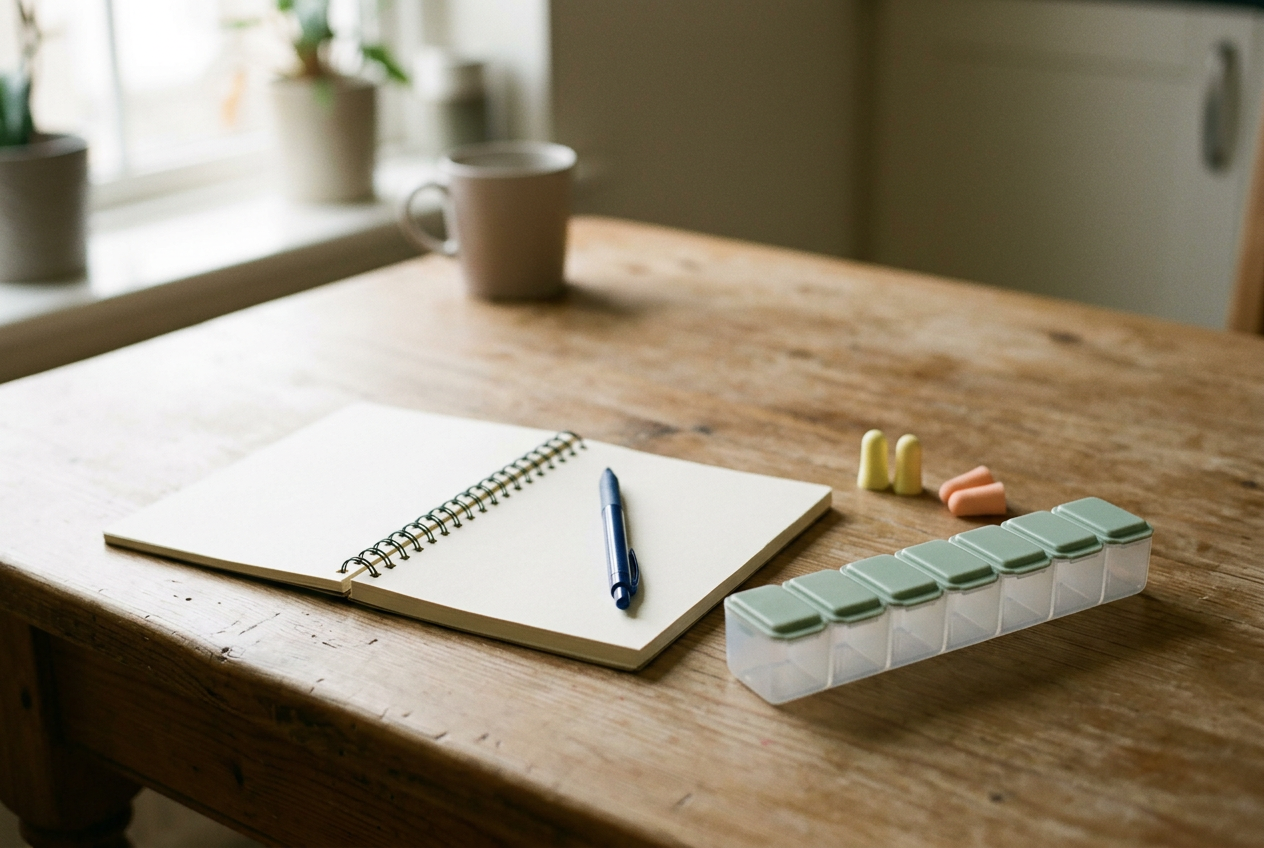 An open notebook beside earplugs and a pill organizer on a kitchen table.