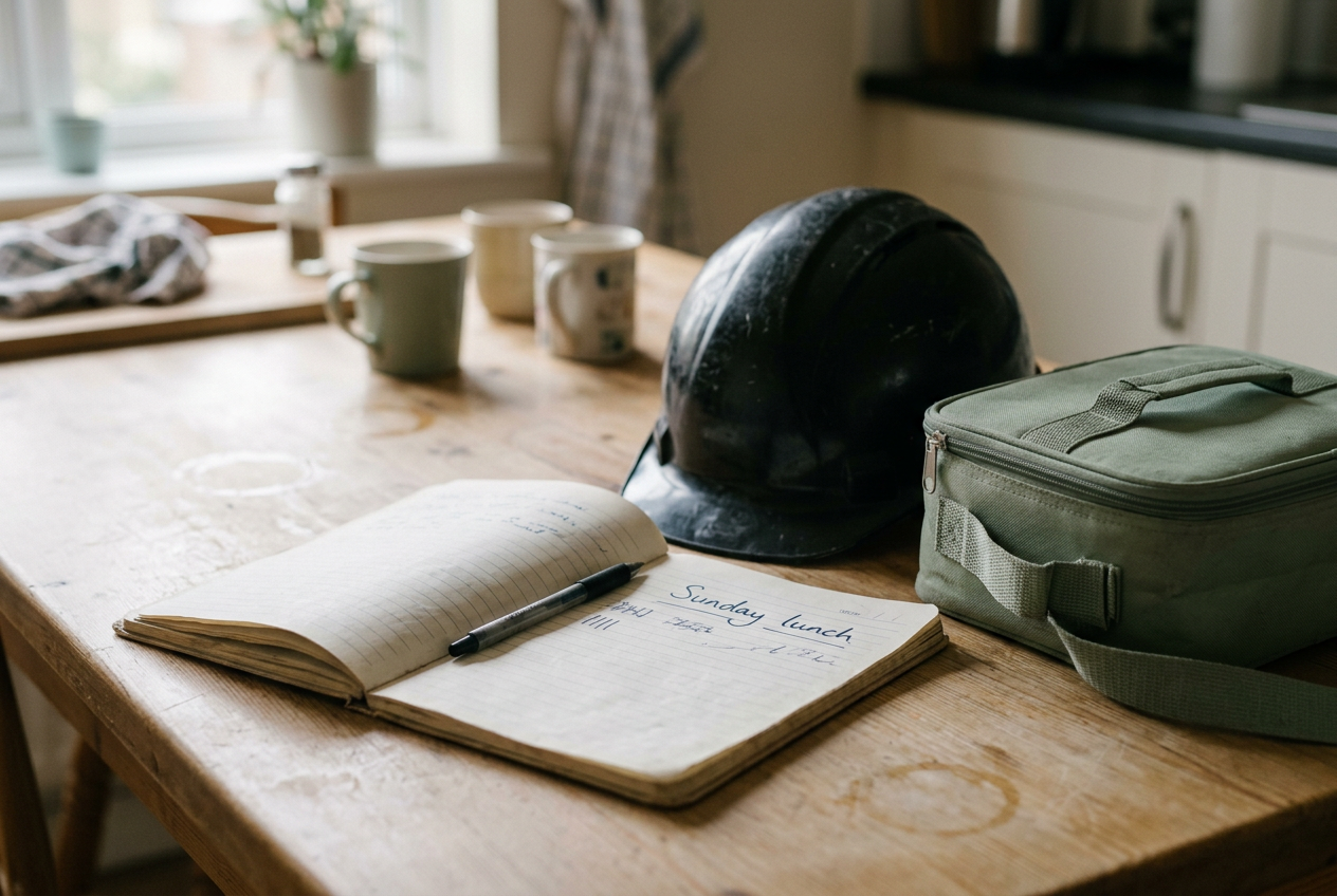 A notebook beside a hard hat and lunchbox on a kitchen table, with appointment notes visible on the open page.