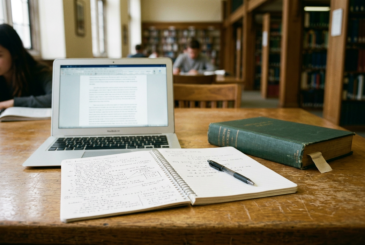 An open notebook and laptop on a quiet library table beside a closed textbook.