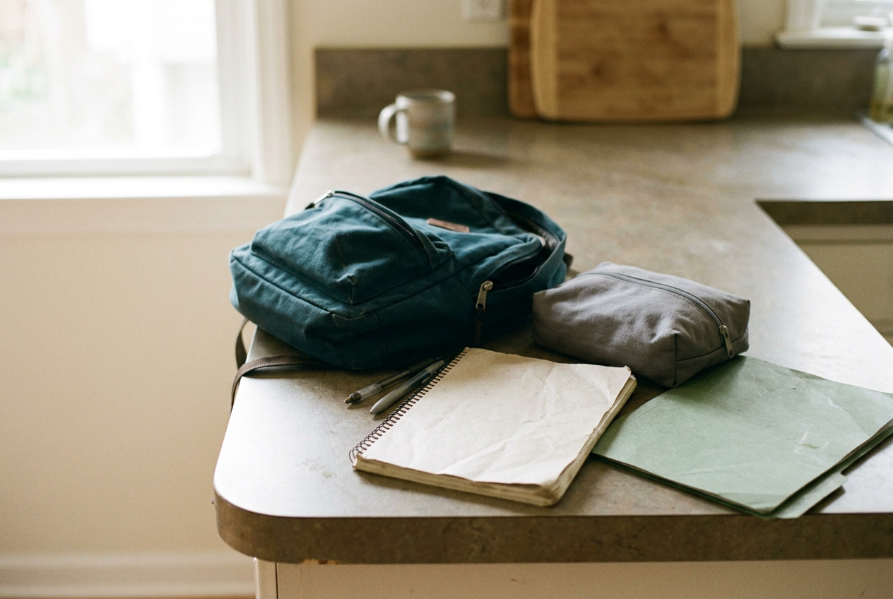 A notebook beside a child’s backpack and medication bag on a kitchen counter.