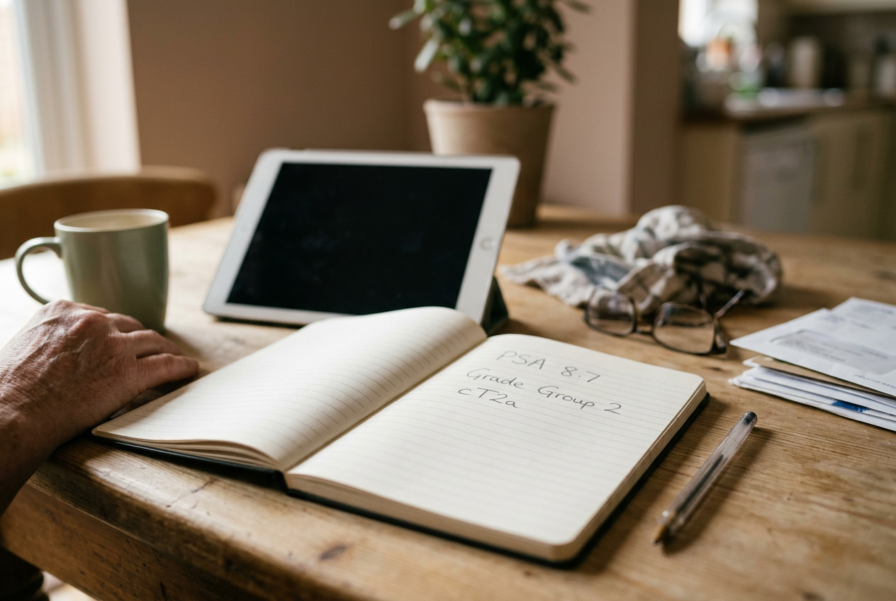 An open notebook beside a tablet showing three prostate cancer results on a kitchen table.