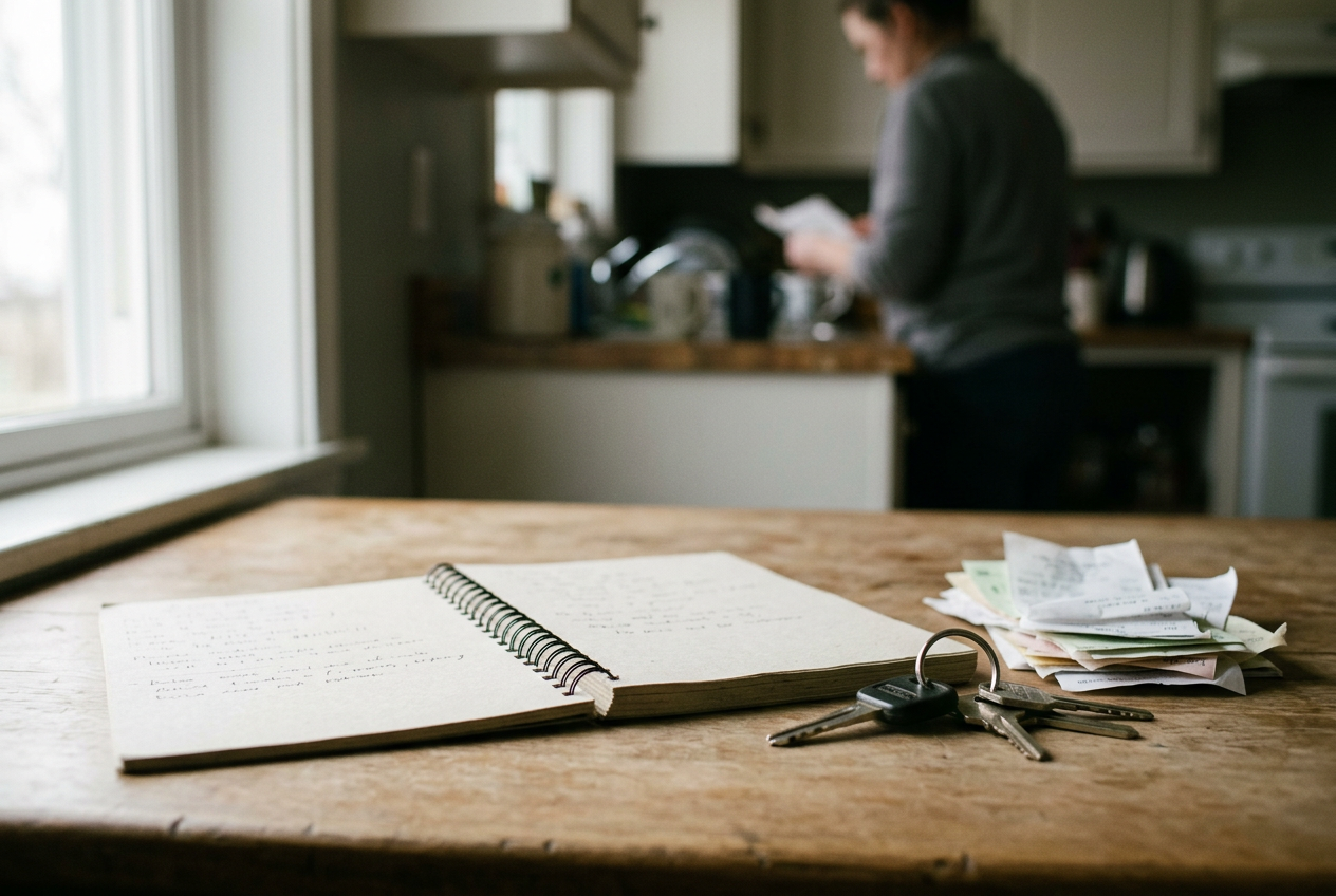 A notebook, tractor keys and farm receipts rest on a kitchen table near a window overlooking fields.