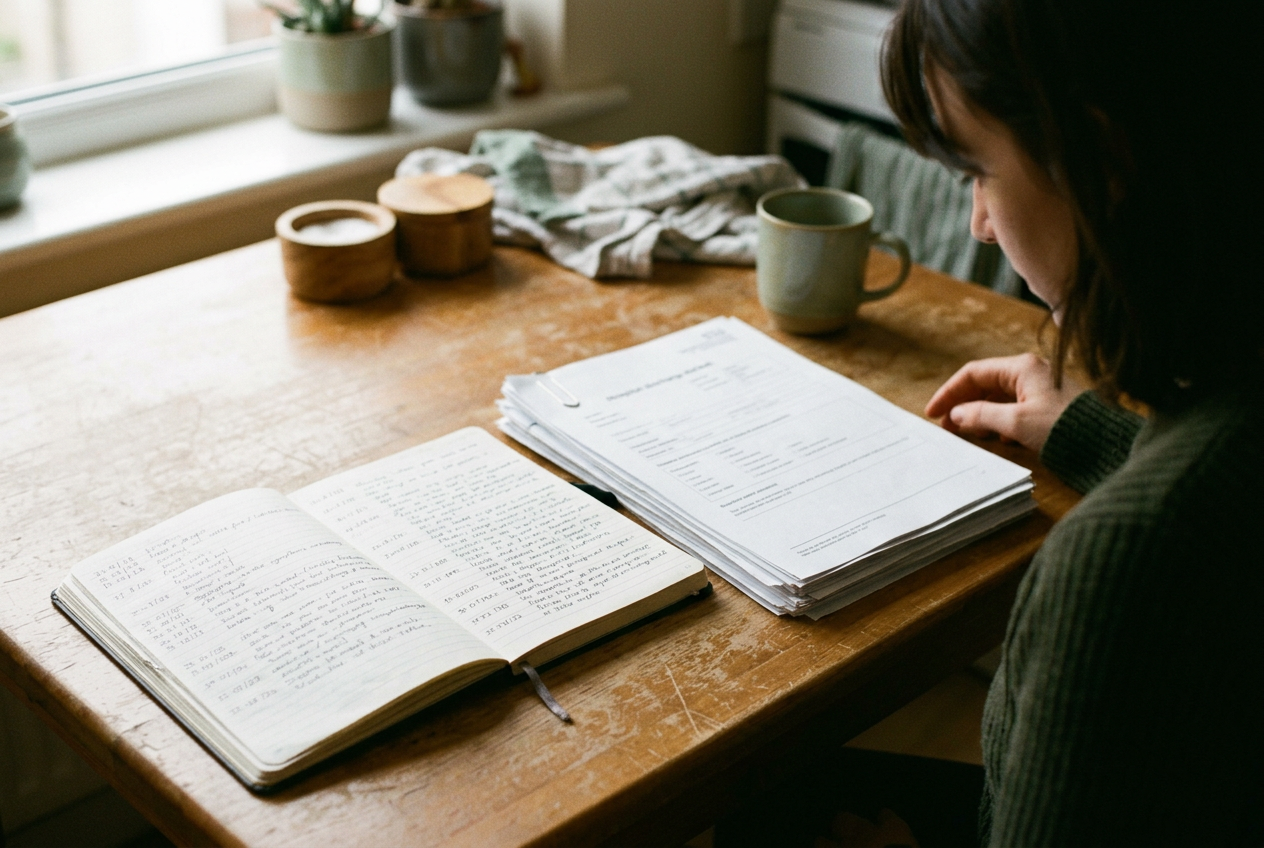 An open notebook with dated symptom entries beside a hospital discharge packet on a kitchen table.