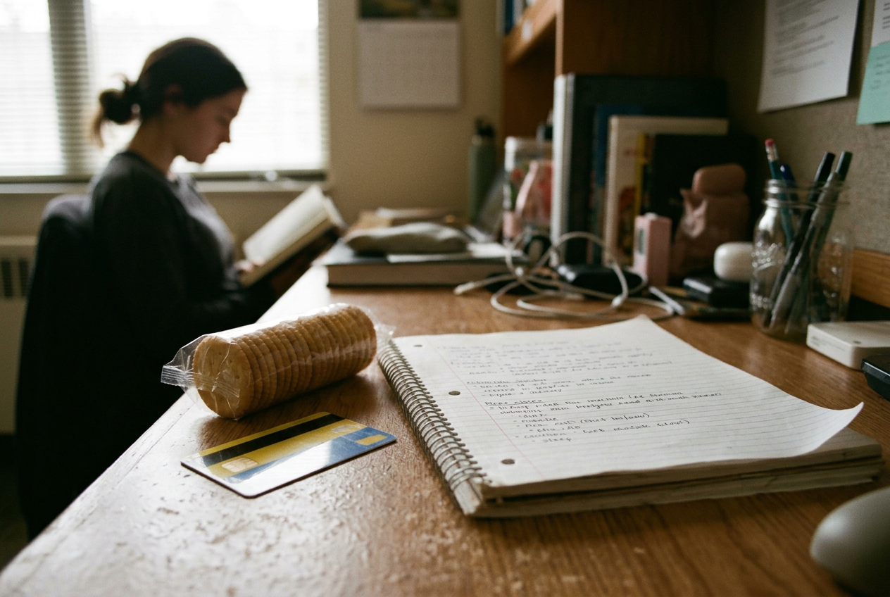 A notebook, campus meal card and sleeve of crackers on a dorm room desk.
