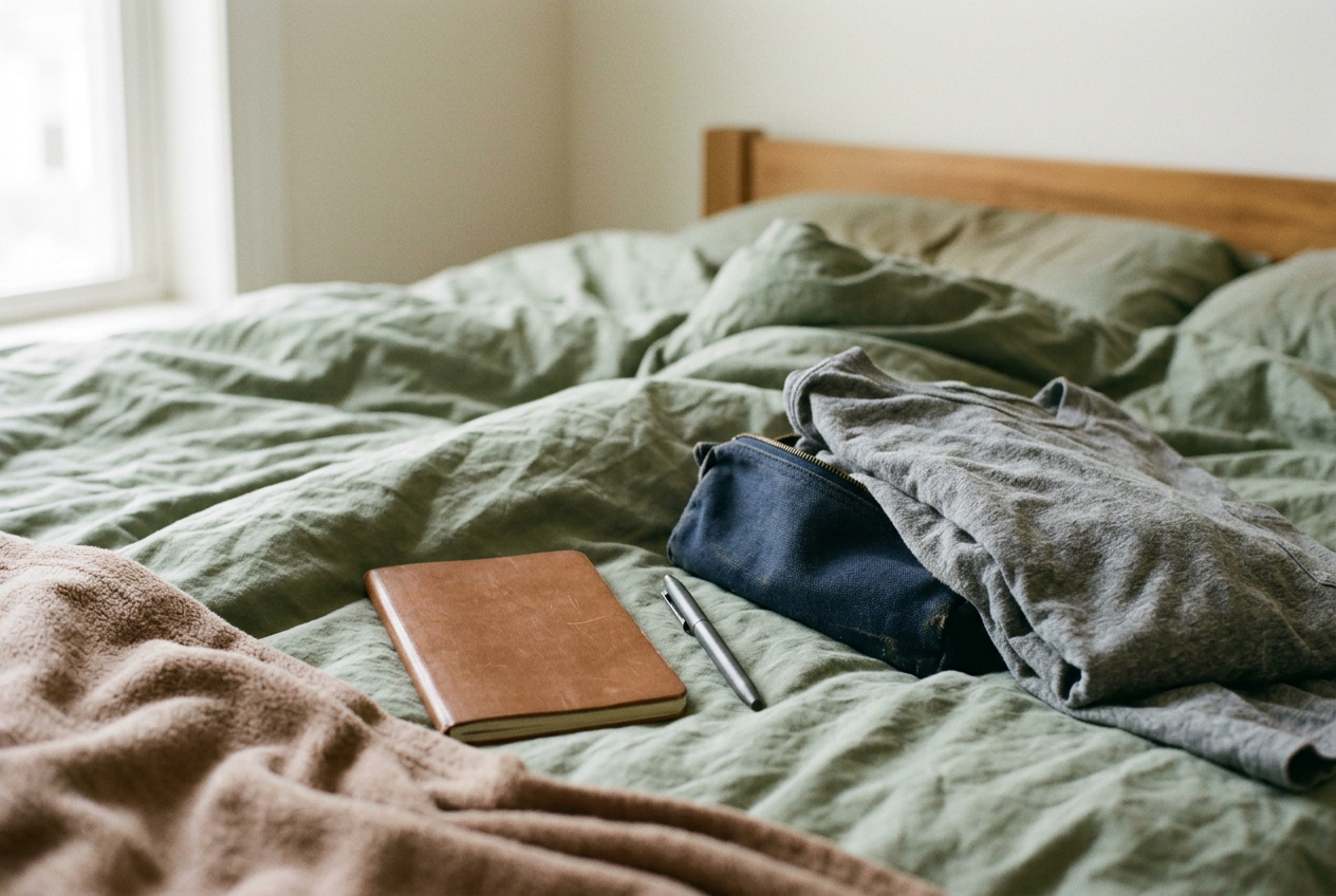 A pocket notebook and pen beside a folded shirt and a small pouch of ostomy supplies on a bed.