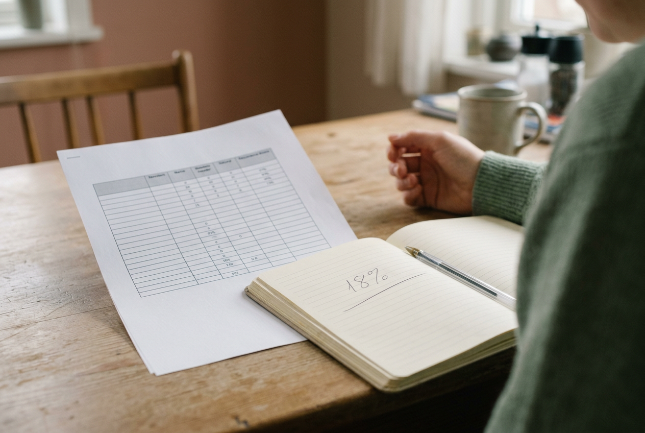 A printed breast cancer test report beside a notebook with one percentage underlined.