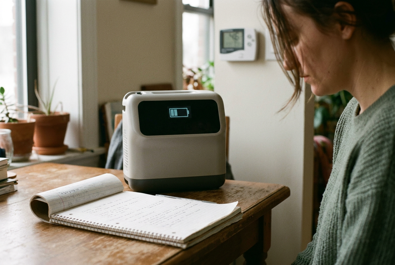 A notebook and battery beside a home oxygen concentrator near a darkened window.