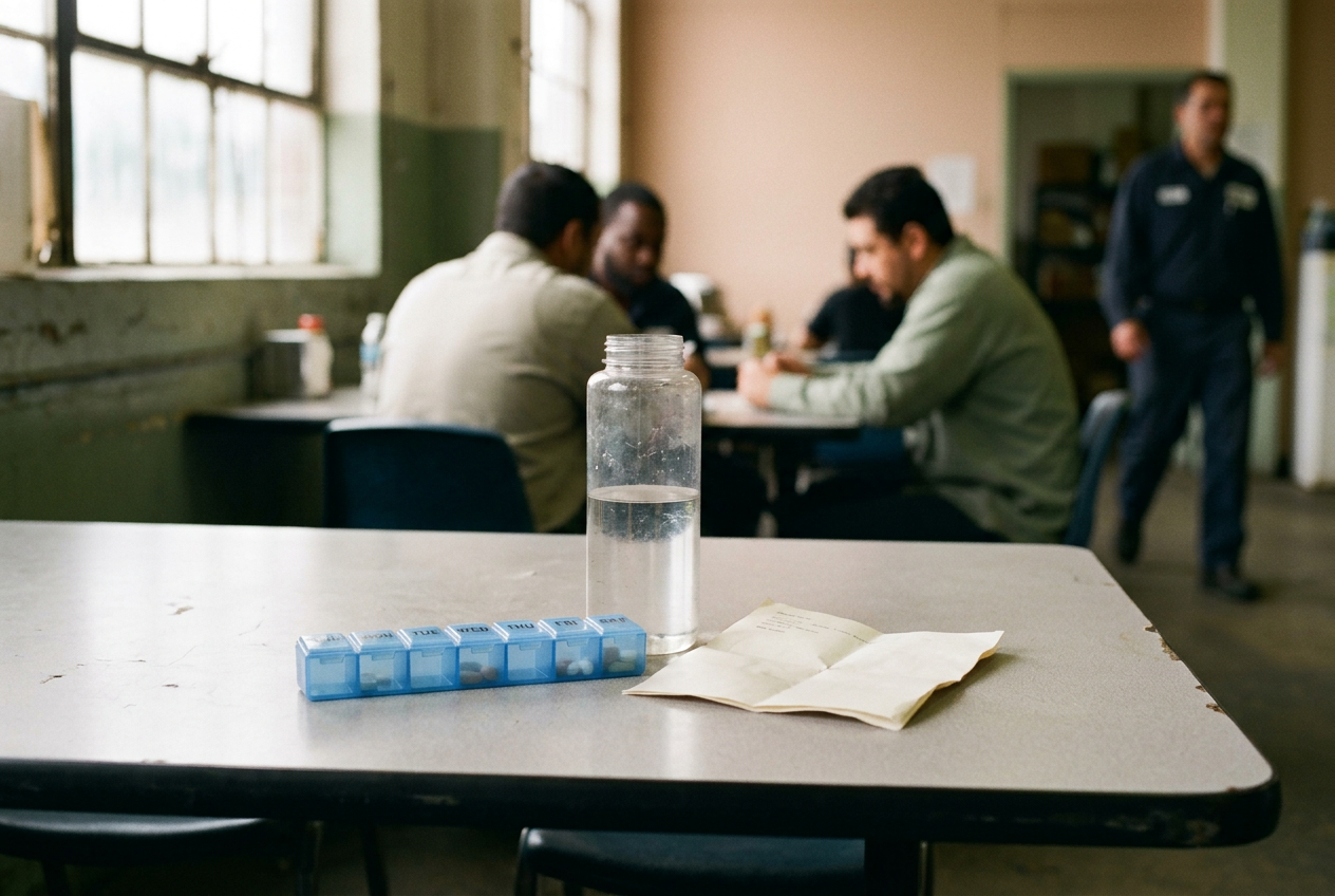 A pill organizer, folded medication note, and water bottle on a warehouse break-room table.