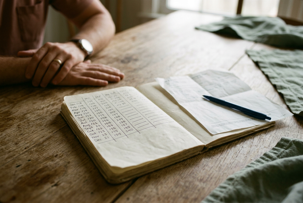An open notebook with handwritten monthly health entries beside a lab slip on a kitchen table.